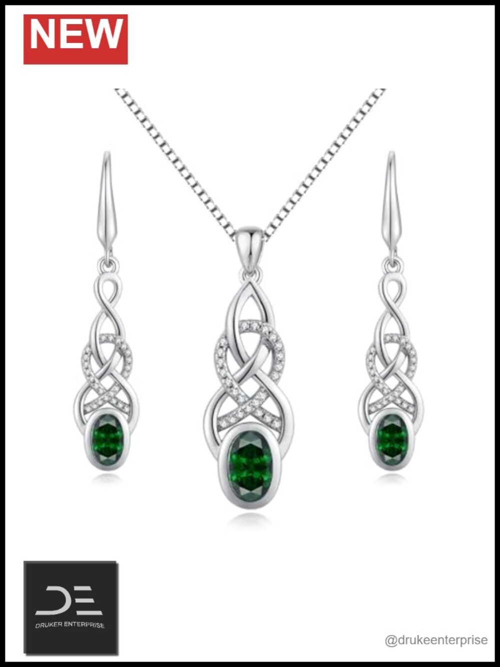 Infinity Celtic Jewelry Set Sterling Silver Created Emerald